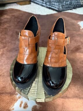 Brown and Black Leather Platform Mary Jane Shoes
